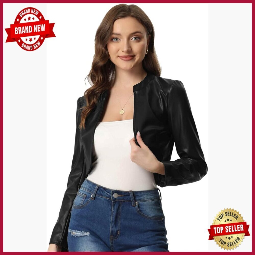 Faux Leather Cropped Jacket Women's Regular Fit Long Sleeve Open Front